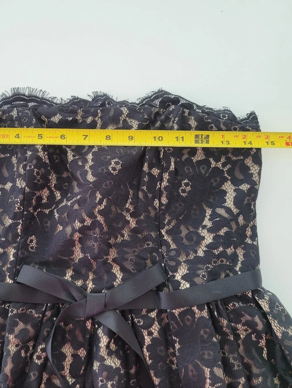 Strapless Black Lace Dress with Cream Lining and Satin Waist Bow Size 6